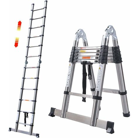 3.8M Telescopic Ladder 1.9m+1.9m A-Frame Retractable Extension Multi Purpose Household Ladder Stainless Steel Foldable Telescoping Multifunctional DIY Home Attic Loft Tools Combination