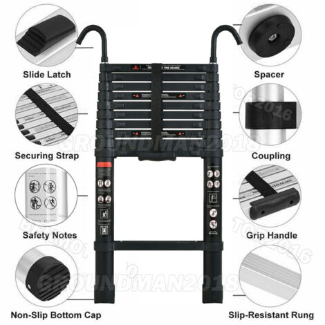3.8M/12.5FT Telescopic Ladder with Detachable Hook, Aluminium Attic Ladder Extendable Loft Ladder, Max Load 150kg, EN131 Standard
