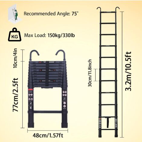 3.8M/12.5FT Telescopic Ladder with Detachable Hook, Aluminium Attic Ladder Extendable Loft Ladder, Max Load 150kg, EN131 Standard