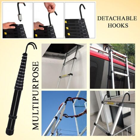 3.8M/12.5FT Telescopic Ladder with Detachable Hook, Aluminium Attic Ladder Extendable Loft Ladder, Max Load 150kg, EN131 Standard