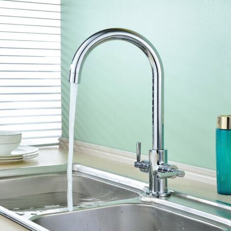 Kitchen Sink Mixer Tap Monobloc Swivel Spout Chrome Brass, Twin Lever Control, with Hose & Fittings (1/5)