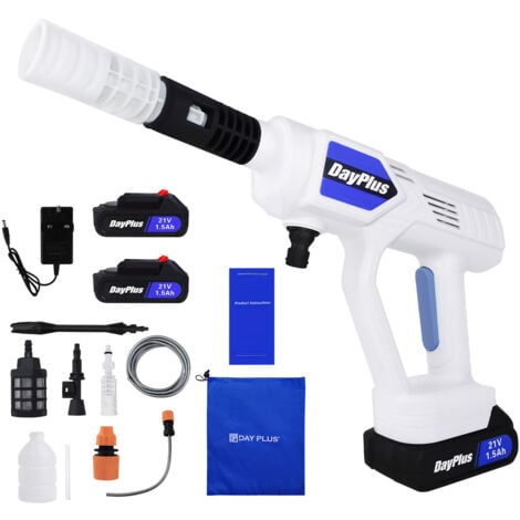 21V Cordless Power Washer Gun with 2 Batteries 1.5Ah, Portable High Pressure Washer Cleaner Gun Cordless Jet Washer with 2 Nozzles and 5M/25CM Hose Kits for Patio Cleaning Car Washing Garden Watering