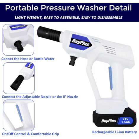 Cordless Pressure Washer, 21V High Power Washer 12Bar Portable Pressure Washer with 2 Pack Battery, 180L/H Compact Pressure Cleaner, 16.5FT hose White Electric Jet Washer for Patio and Car Washing