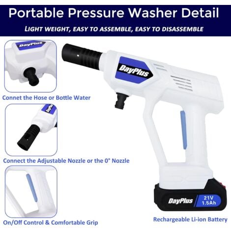 Cordless Pressure Cleaner Portable Pressure Washer Lightweight Cordless Jet Wash Car Washer with 1.5Ah Battery Foam Generator Nozzle Water Pump 5M Hose (21V(2x1.5Ah Battery))
