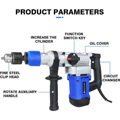 Electric Rotary Hammer Drill 4 Functions Rotation Chiselling0-800RPM Adjustable Speed, 360 Degree Rotary Handle, Lightweight Hammer Drill with Accessories for Concrete, Wood, Metal, Plastic