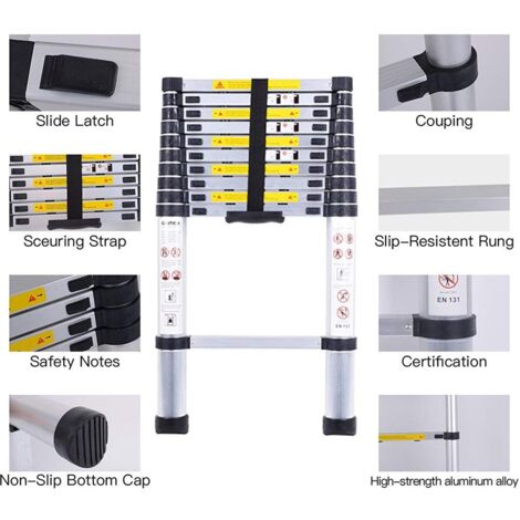 3.2M Telescopic Ladder 10.5FT Multi-Purpose Stainless Steel Telescoping Ladder Extendable Portable Sturdy Loft Ladder with EN131 & CE Standard for Draw Wall Replace Bulb Clean Window Repair Roof