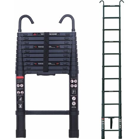 3.2M 10.5FT Aluminium Telescopic Ladder With Hook Multi-Purpose DIY ...