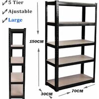 5 Tier Racking Shelf Heavy Duty Garage Shelving Storage Shelves Unit for Workshop/Shed/Office/Garage, 150x70x30cm Black