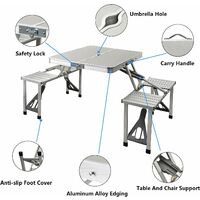 Folding Picnic Table and Chairs Set Portable Camping Table 4 Seat Stool Set for Adult, Fold Way Outdoor Garden BBQ Furniture with Umbrella Hole, Aluminium Frame and Suitcase for Buffet Dining Party