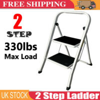 Heavy Duty Steel 2 Step Ladder Portable Compact Folding Metal Stepladder Stool Multi Purpose for Home Garden Warehouse Kitchen Mini Small Stepladder Stable Up to 150kg/330lbs Capacity
