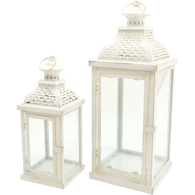 Rebecca Mobili Set 2 linternas portavelas blancas metal pvc estilo vintage medidas 50x19x19 hxlxp art. candelabros