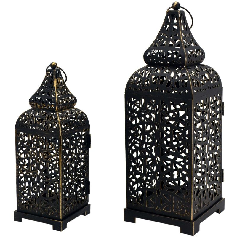 Rebecca Mobili 2 pzs portavelas faroles marroquíes metal negro flores velas terraza medidas 39 x 145 39x145x145