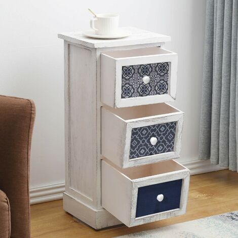 Rebecca Mobili Mesita de noche Cajonera 3 Cajones Blanco Madera Retro 59,5x30x25