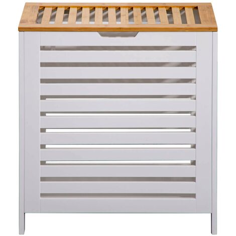 Rebecca Mobili Cesta de baño MDF Bambu Blanco Marrón Ropa sucia