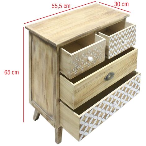 Rebecca Mobili Armario Cajonera de 4 cajones en madera clara Shabby Boho para la Entrada, Cocina
