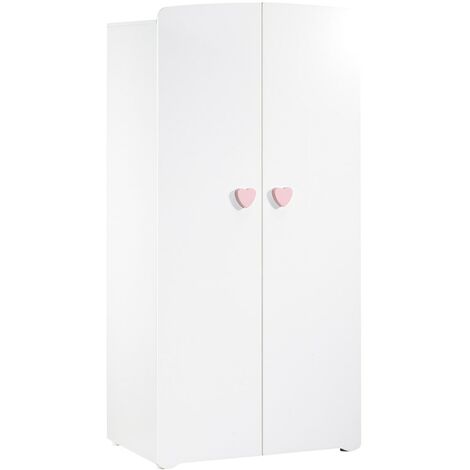 Armoire enfant MDF laqué blanc – 2 portes avec boutons cœur rose – Dimensions 85 x 175 x 56 cm – 3 étagères ajustables – Baby Price