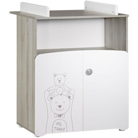 Commode à langer 2 portes 97x76x66cm – MDF laqué blanc – Décor frêne cendré – Rangement optimal pour affaires de bébé – Baby Price