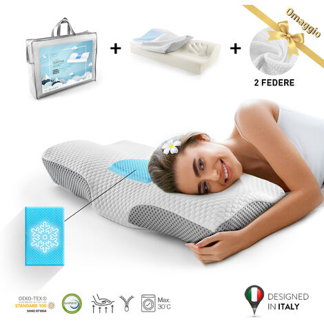 OnNuvo Cuscino Cervicale Memory Foam Alta Qualità 50 kg/m3, Guanciale Letto,  2 Morbide Federe Removibili Lavabili (1° in BAMBOO + FRESH GEL / 2° in ICE  FIBER) Ortopedico Ergonomico Anallergico CORTINA