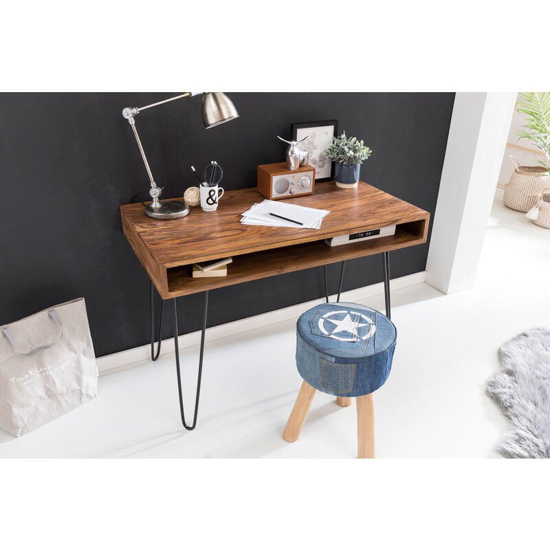 FineBuy Möbel zum Wohlfühlen Massiver Schreibtisch Harlem Sheesham Massiv  Holz 110 x 60 x 76 cm mit Ablage, Computertisch Massivholz mit Metall  Beinen