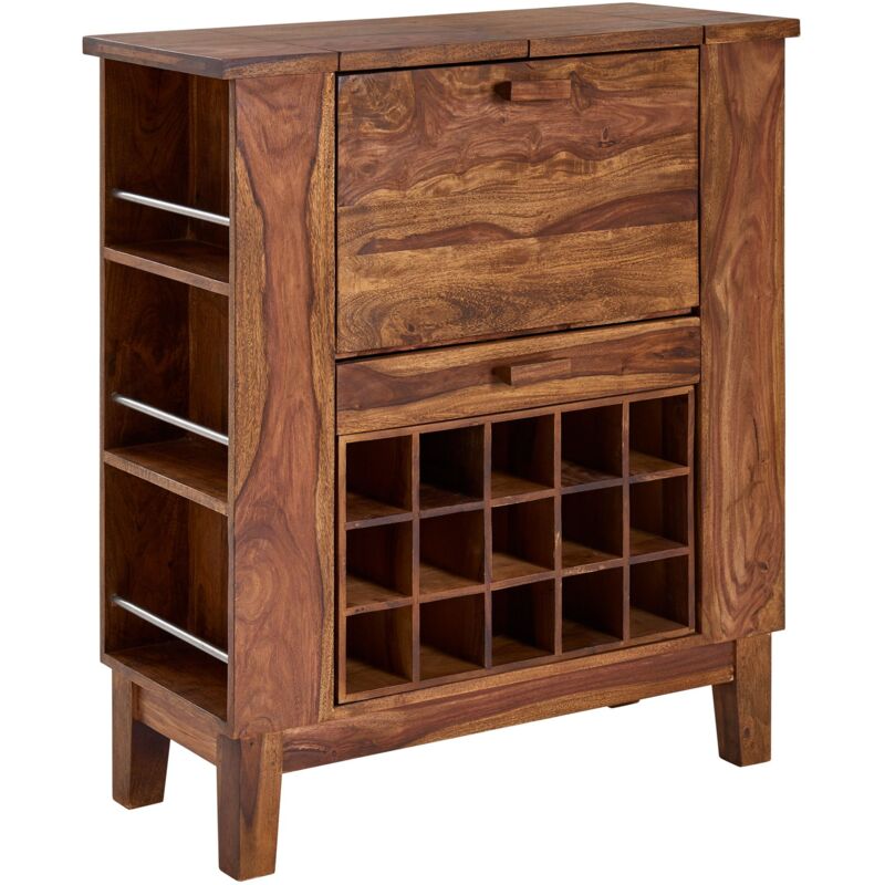 Hausbar LUCCA Akazie Massivholz 65x91x50 cm Weinbar ausklappbar, Kleine Bar modern, Barschrank mit Türen, Spirituosenschrank mit Aufbewahrung für Flaschen und Gläser