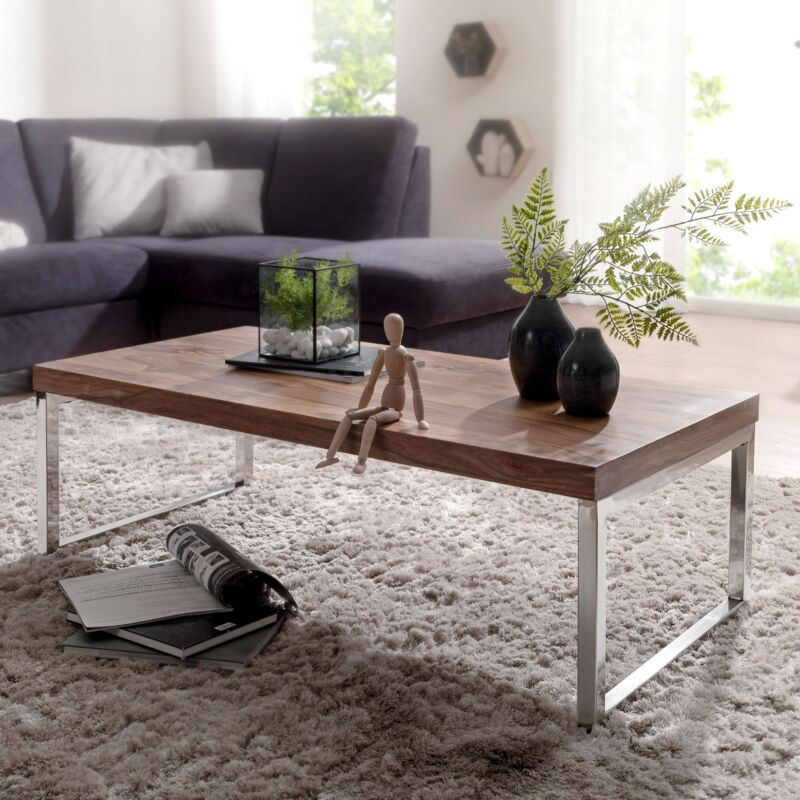 FineBuy Couchtisch 120 x 60 x 40 cm Massiv Holz Tisch Massiver Design  Wohnzimmertisch aus Massivholz Beistelltisch Rechteckig Braun