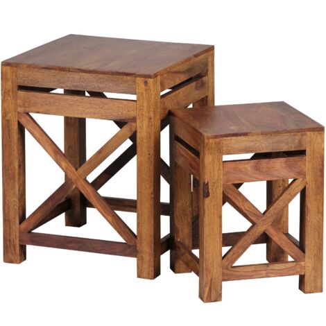 FineBuy 2er Set Beistelltisch Massiv-Holz Sheesham Wohnzimmer-Tisch ...