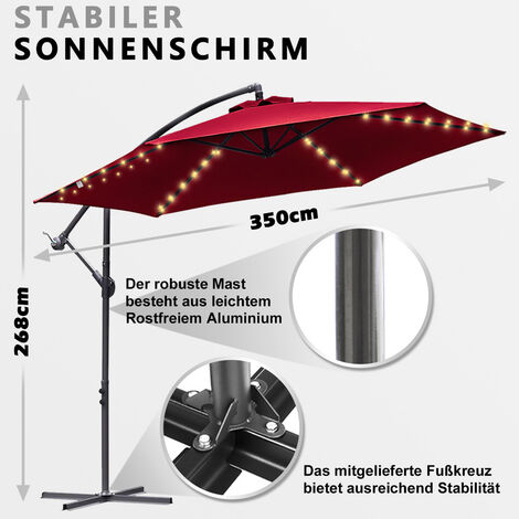 TolleTour Sonnenschirm mit LED und Schutzhülle 350 cm Rot mit Kurbel