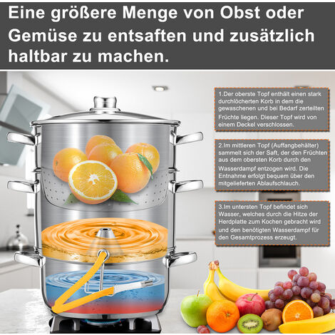 TolleTour Edelstahl Dampfentsafter 8 Liter mit Schlauch + Klemme  Fruchtentsafter,Induktion Entsafter Saftpresse Obst