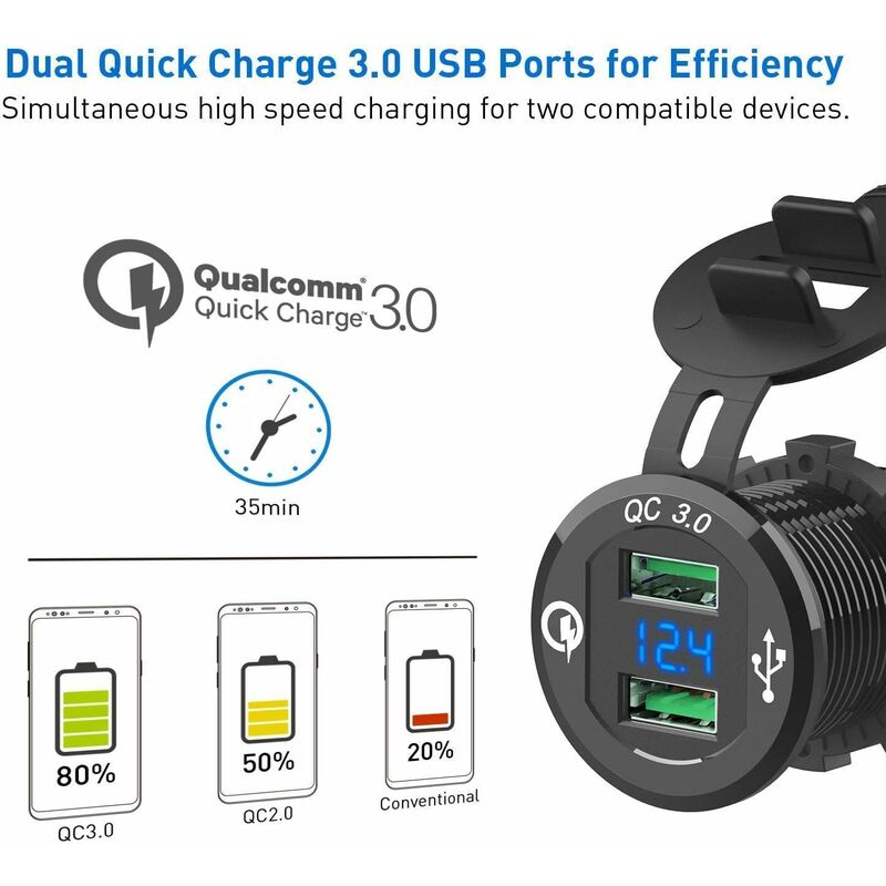MINKUROW Dual QC 3.0 Auto-USB-Ladegerät, 5 V / 6 A Auto-USB-Buchse  Schnellladung mit LED-Voltmeter, wasserdicht und staubdicht, für 12 V 24 V- Fahrzeuge, Auto, Boot, Motorrad, SUV, Bus, LKW, Wohnwagen