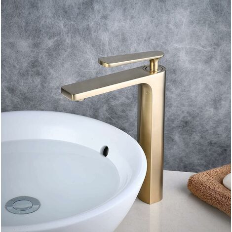 MINKUROW Badezimmer-Wasserhahn, moderne, hohe Waschtischarmaturen aus  gebürstetem Gold mit massivem Messinggehäuse und heiß- und kaltverstellbarer