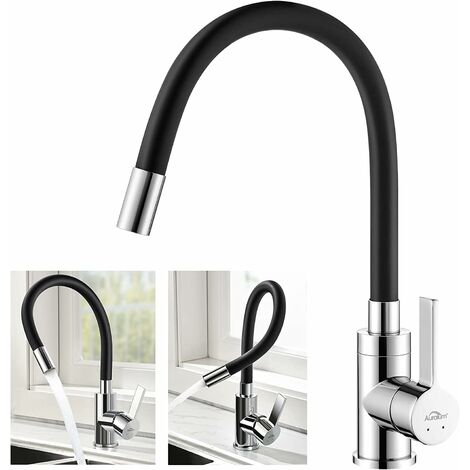 MINKUROW Flexibler Küchenarmatur, frei schwenkbar, hoher Auslauf, flexible Spültischarmatur, verchromtes Messing und Schwarz, Einloch-Spültischarmatur für heißes und kaltes Wasser (1/5)