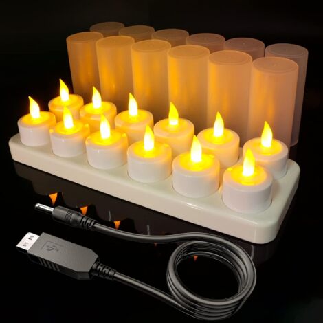 Flammenlose LED Kerzen, 12er Wiederaufladbare Teelichter Kerzen, Batteriebetriebene Kerzen Kabellose mit Ladestation Gefrosteter Tassen und USB-Kabel für Weihnachten Haus Raum, Warmes Gelbes (1/5)