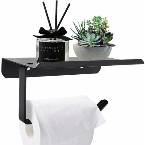 MINKUROW Toilettenpapierhalter Ohne Bohren mit Ablage, Klopapierhalter SUS304 Edelstahl Papierhalter WC Rollenhalter Wandmontage Papier Halterung für Küche und Badzimmer Schwarz (1/5)