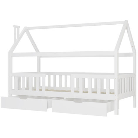 Kinderbett Hausbett mit Kamin Zwei Schubladen Robuster Lattenrost Hausbett aus Kiefernholz für Kinder, 90 x 200 cm ohne Matratze, weiß (1/5)