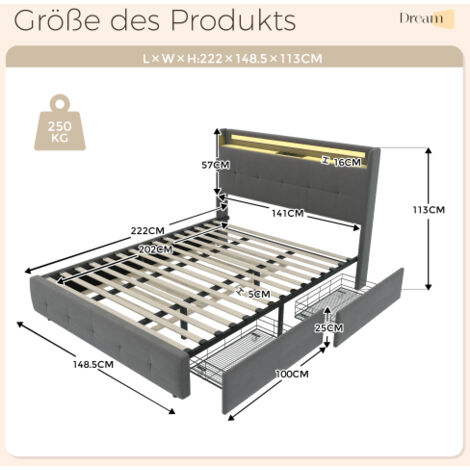 Doppelbett 140x200cm Mit LED Beleuchtung & USB-Ladung - 4 Schubladen