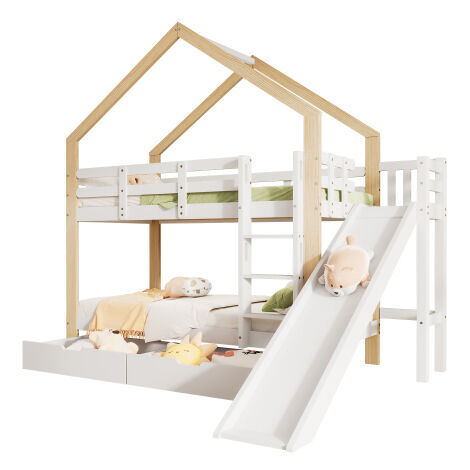 Etagenbett Mit Rutsche & Leiter - Hausbett Aus Massivholz Für Kinderzimmer