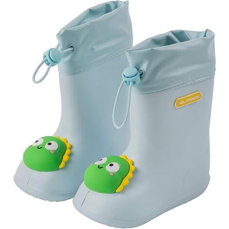 MINKUROW Regenstiefel Unisex-Kinder Gummistiefel für Mädchen und Jungen Wasserdichte rutschfeste Outdoor-Gummi-Regenschuhe, blauer Dinosaurier, Schuhlänge 14 cm (1/5)