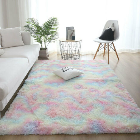 MINKUROW Flauschiger Kunstpelz-Bodenteppich, flauschiger Teppich, dekorativer Farbverlauf, Bodenmatte für Schlafzimmer, Wohnzimmer, Esszimmer (Regenbogenfarben, 80 x 120 cm) (1/5)