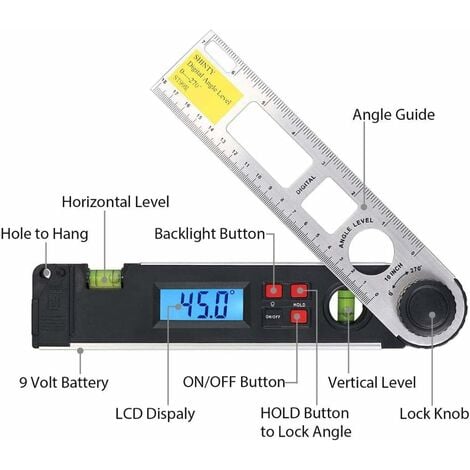 MINKUROW Winkelmesser 0-270°, Laser-Wasserwaage mit Digitalanzeige,  Wasserwaage mit LED-Hintergrundbeleuchtung, digitaler Winkelmesser