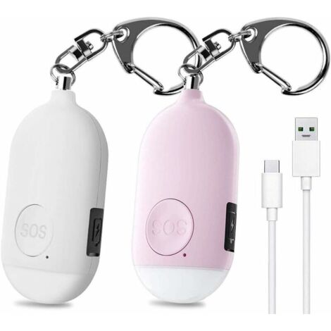MINKUROW Eigenständiger Alarm 130 Db Persönlicher Notfallalarm, wiederaufladbarer Sicherheitsalarm mit LED-Taschenlampe, Einbruchalarm, 2 Stück Pink&Weiß (1/5)