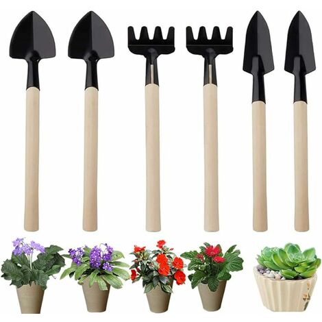 MINKUROW Gartengeräte-Set 6-teiliges Mini-Rechen-Set, Schaufel, Spaten,  Holzgriff, Pflanzset, zum Umtopfen von Pflanzen