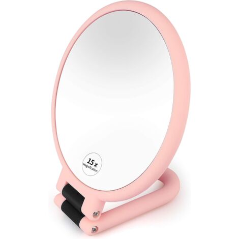 MINKUROW Handspiegel, doppelseitiger Kosmetikspiegel mit 1 x 15-facher Lupe, professioneller Reisespiegel auf Taschenständer mit verstellbarem Klappgriff (Rosa) (1/4)