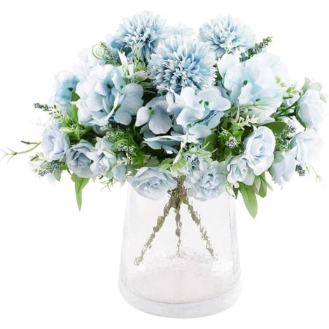 MINKUROW 3 Stück Rosenstrauß Hortensien Kunstseidenblumen Braut Blumenarrangement Hochzeitsstrauß Heimdeko Allgemeiner Dekorationsartikel in Rosa Weiß ohne Vase-Blau (1/5)