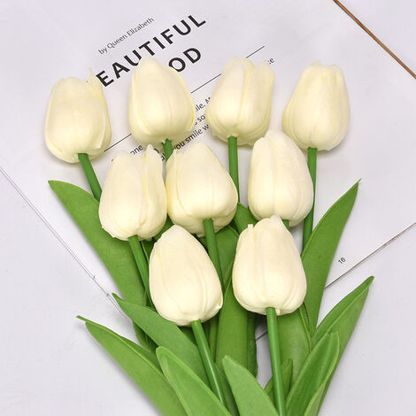 MINKUROW 10 Stück künstliche Tulpenblumen, künstliche Blumen, Tulpen-Seiden-Fälschungs-Blumenstrauß Real Touch Brautstrauß für Hausgarten-Party-Dekoration (Beige) (1/4)
