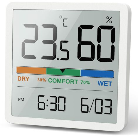 MINKUROW Hygrometer Innenthermometer, digitales Desktop-Thermometer mit Temperatur- und Luftfeuchtigkeitsmonitor, genaues Luftfeuchtigkeitsmessgerät, Raumthermometer mit Uhr (weiß) (1/5)