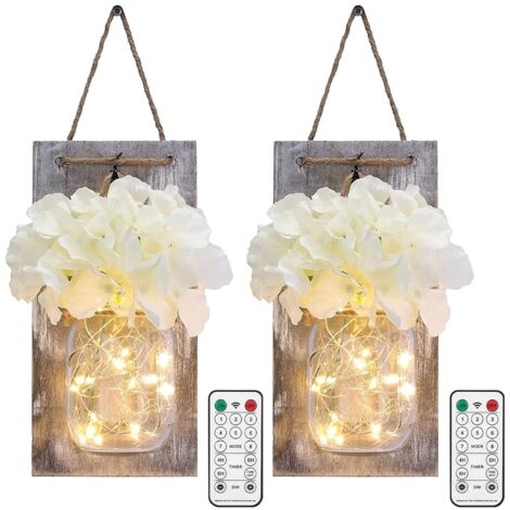 MINKUROW Einmachglas-Wandleuchten mit Fernbedienung, rustikales Schlafzimmer, Wanddekoration, Timer, künstliche Blumen, batteriebetriebene Hängeleuchten mit LED-Streifen für Bauernhausdekoration (2er- (1/4)