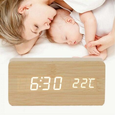 Holzwecker - Mini-Digitaluhr mit Temperatur-Zeitanzeige, 3-stufiger  Helligkeit und Sprachsteuerung, perfekt für Reisen zu Hause
