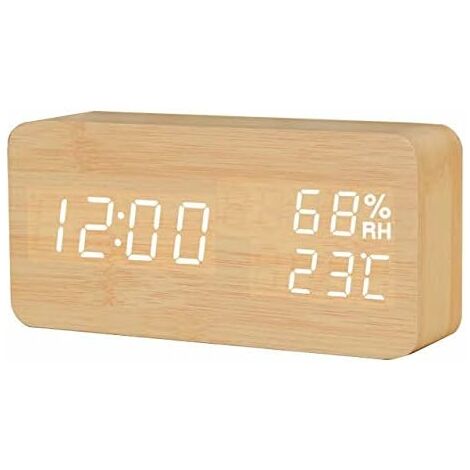MINKUROW Digitalanzeige Led Uhr Holz Schreibtisch Humidometer Sprachsteuerung Leuchtende Digitale Tischuhr Timer Bambus Weiße Lampe (1/5)