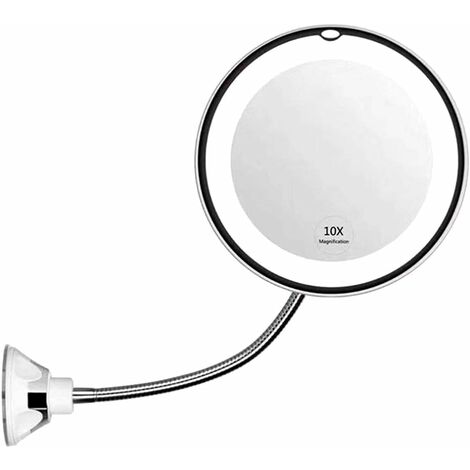 MINKUROW Led Schminkspiegel, Flexibler Vergrößerungsspiegel mit LED-Licht, 10-fache Vergrößerung, 360° drehbar, Wandmontage, Badezimmerspiegel, Schminkspiegel mit Schwanenhals und Saugnapf (Weiß) (1/5)