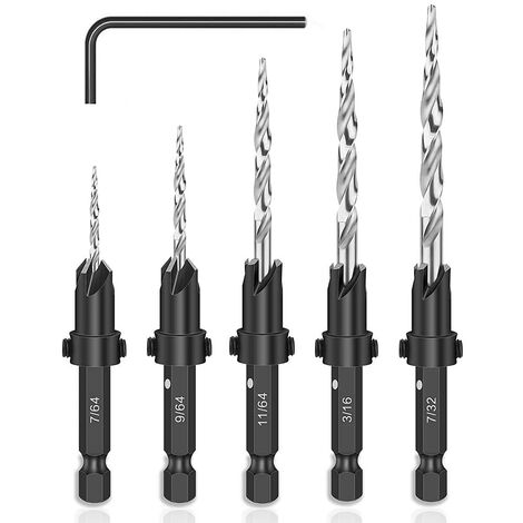 MINKUROW 5 Stück 1/4 Zoll Sechskantschaft Fasensenker Bohrer Hss Holz Senker Bohrer Set mit kleinem Schraubenschlüssel, konisches HSS Spiralbohrer Set zum Stanzen und Fasen (1/5)